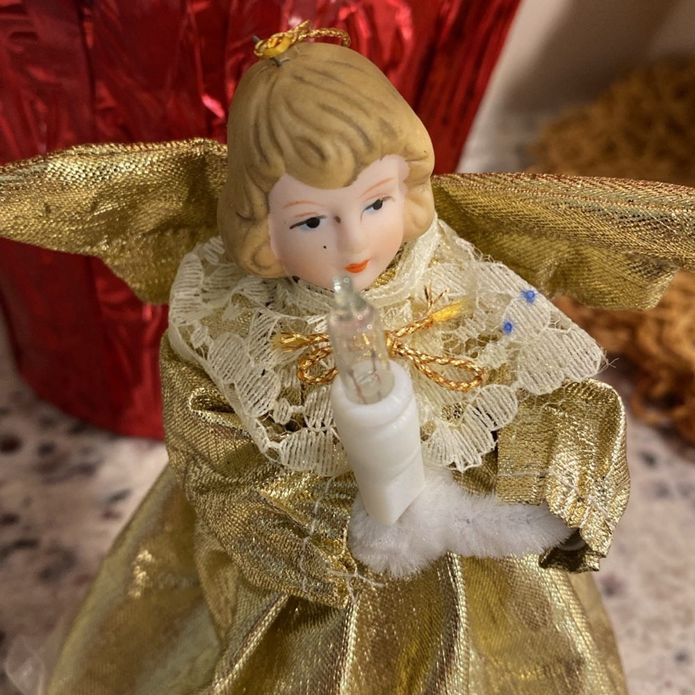 Vintage Porcelain Gold Angel Holding Light Christmas tree topper or ornament ๐ - Picture 2 of 5